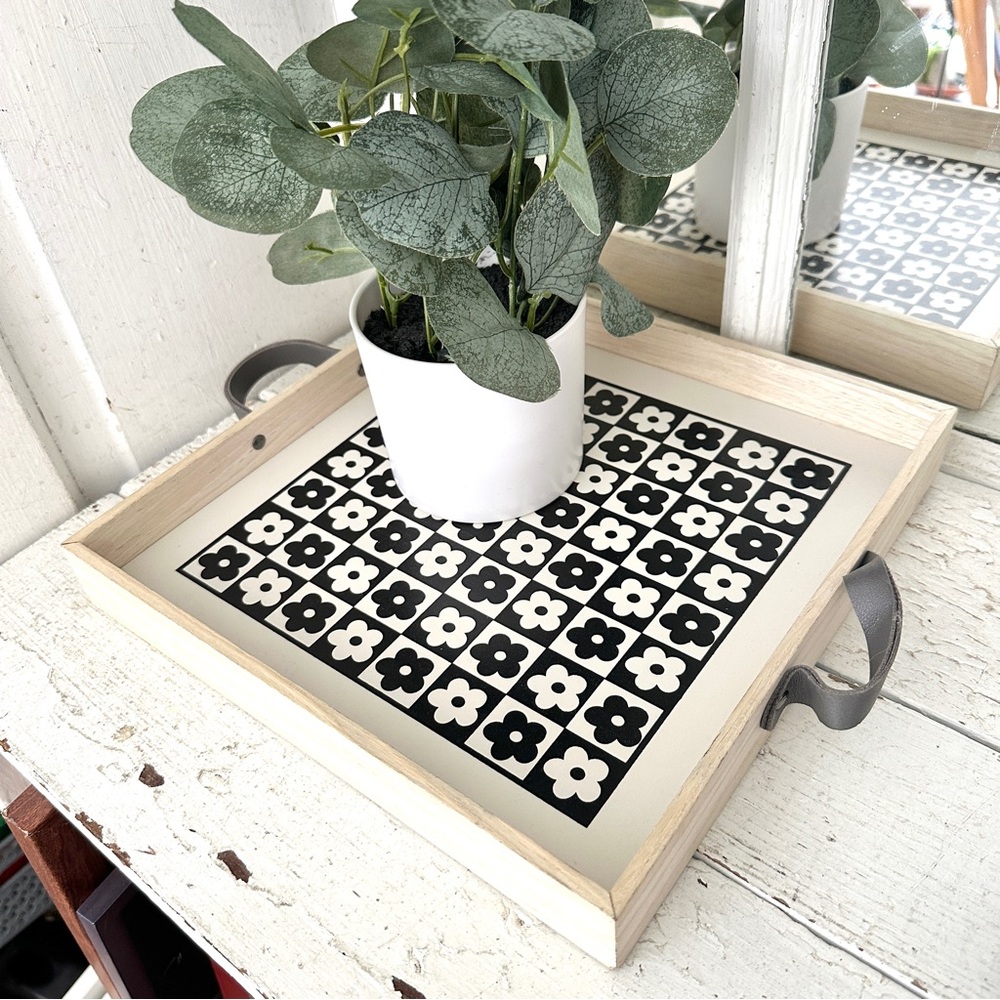 Floral Checkered Tray with Handles